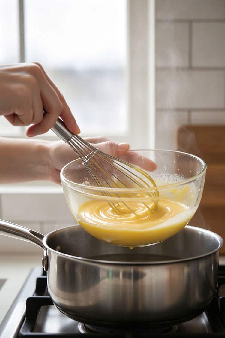 Hands vigorously whisking yellow egg yolks and lemon juice in a clear glass bowl set over a steaming pot of simmering water on the stove
