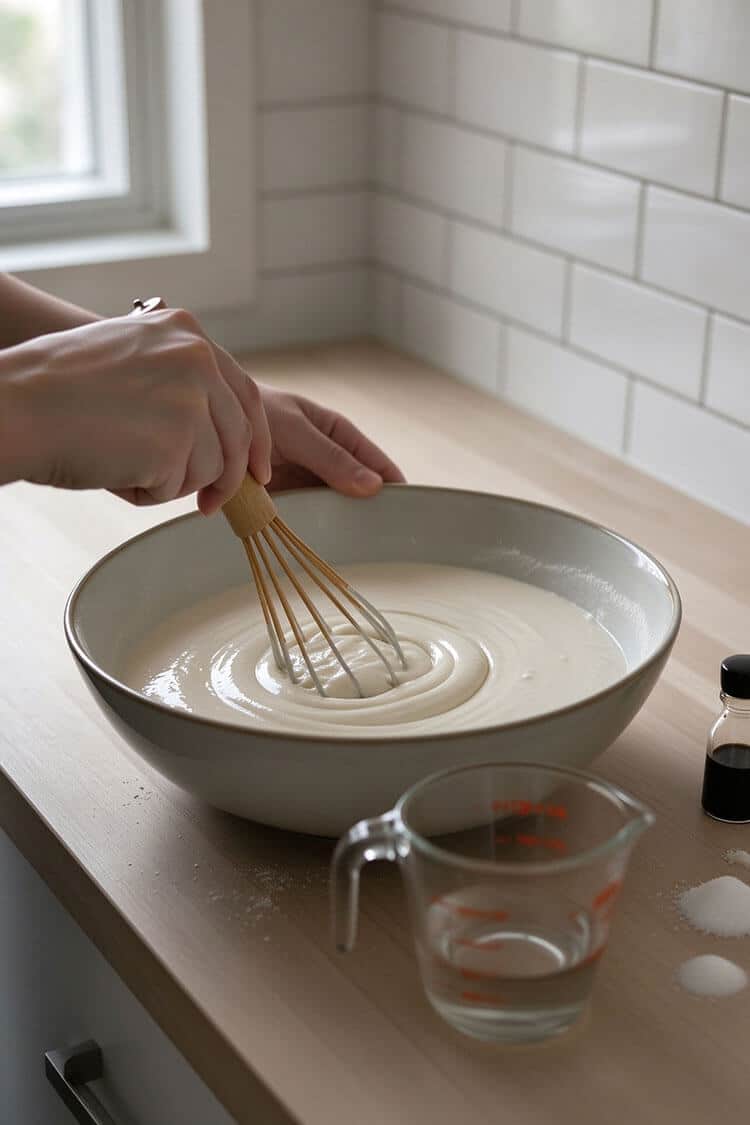 Whisking rice flour and reserved daikon radish water in a wide ceramic mixing bowl with a balloon whisk into a smooth batter.