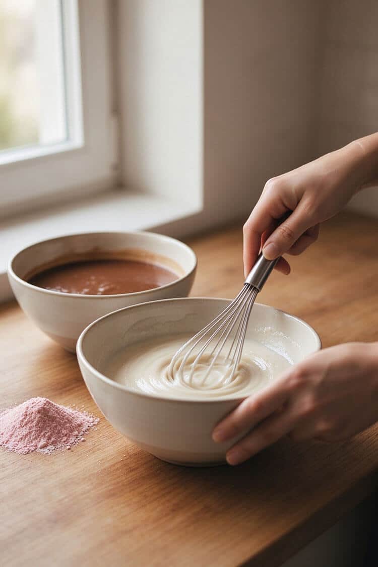 Hands whisking smooth white rice flour batter in a ceramic bowl with a bowl of dark brown sugar batter on a wooden kitchen counter