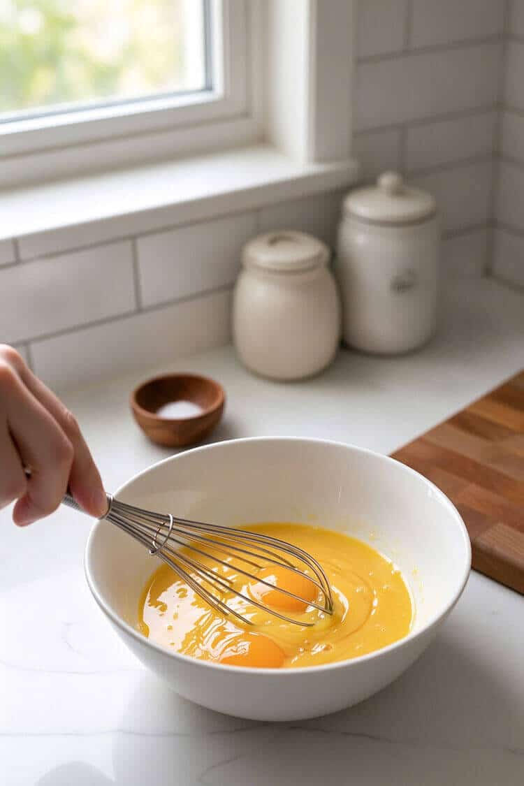 A metal wire whisk beating golden egg yolks and egg whites together in a white ceramic bowl on a marble kitchen countertop