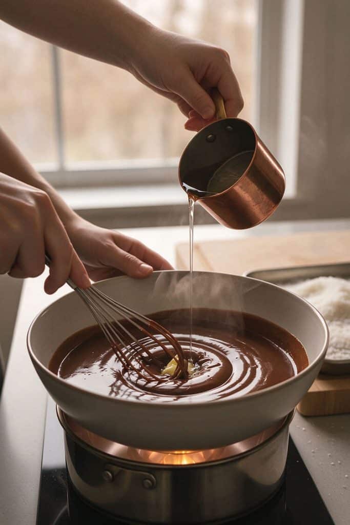 Pouring boiling water from a copper pitcher into a shallow ceramic bowl with cocoa powder, powdered sugar, and butter, whisking over warm water.