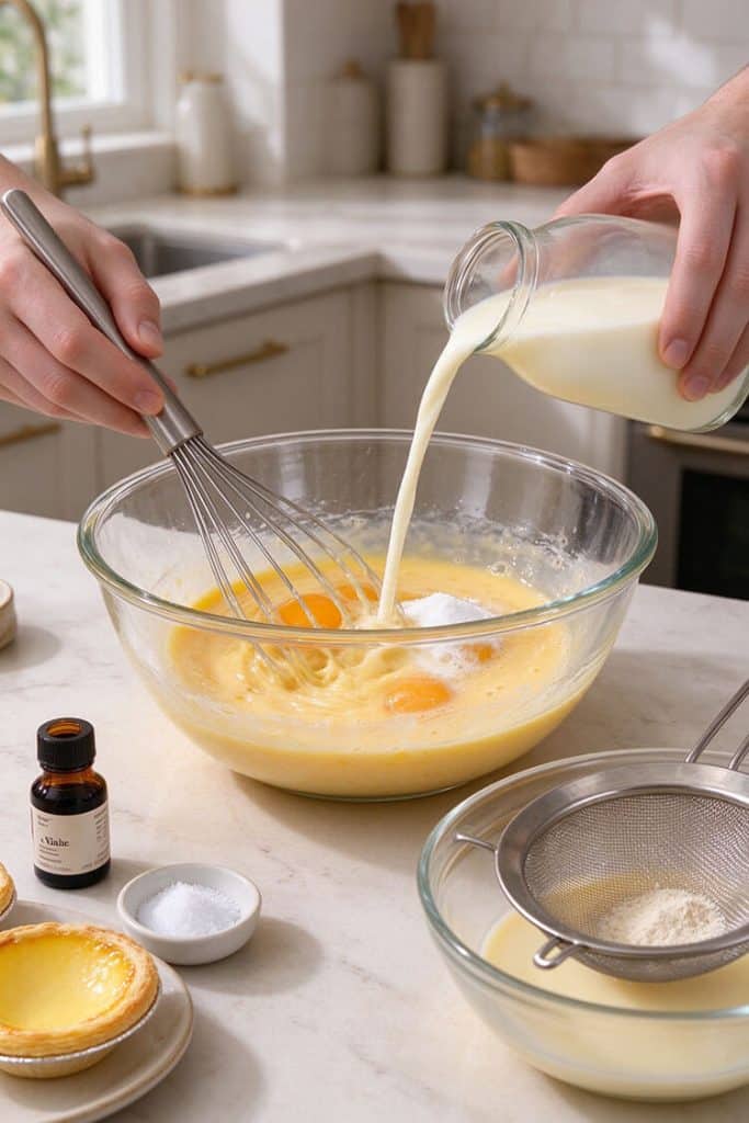 Pouring warm milk from a glass pitcher into whisked eggs and sugar in a bowl beside a fine-mesh sieve.