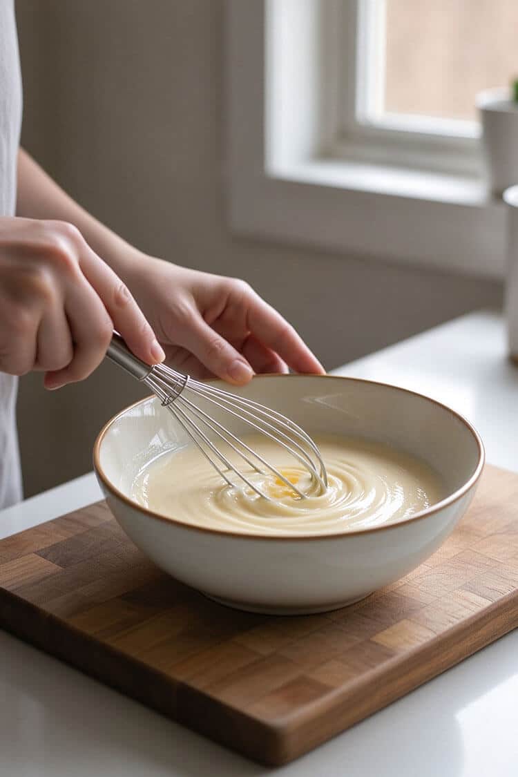 Hands using a wire whisk to blend room-temperature egg, whole milk, cooled melted butter, and vanilla extract into a smooth golden liquid in a ceramic bowl