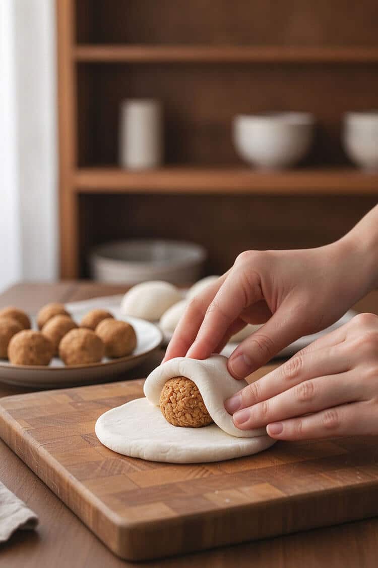 Hands folding a round white glutinous rice dough disc over a chilled spherical peanut filling ball on a wooden cutting board