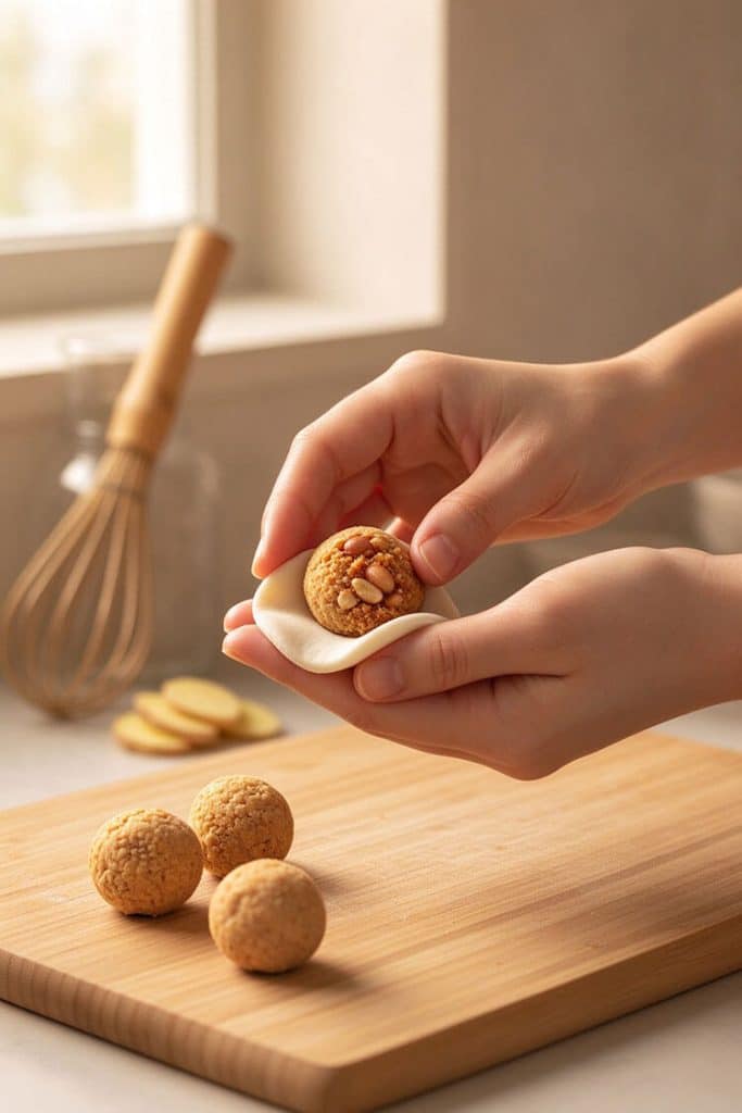Placing a chilled round peanut filling ball into a flattened piece of glutinous rice wrapper held in hands.