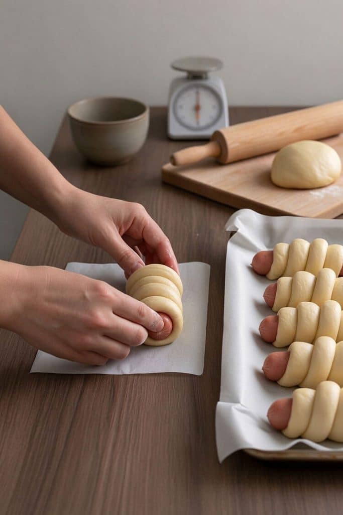 Hands wrapping a rolled dough rope in a tight spiral around a sausage link on parchment paper.