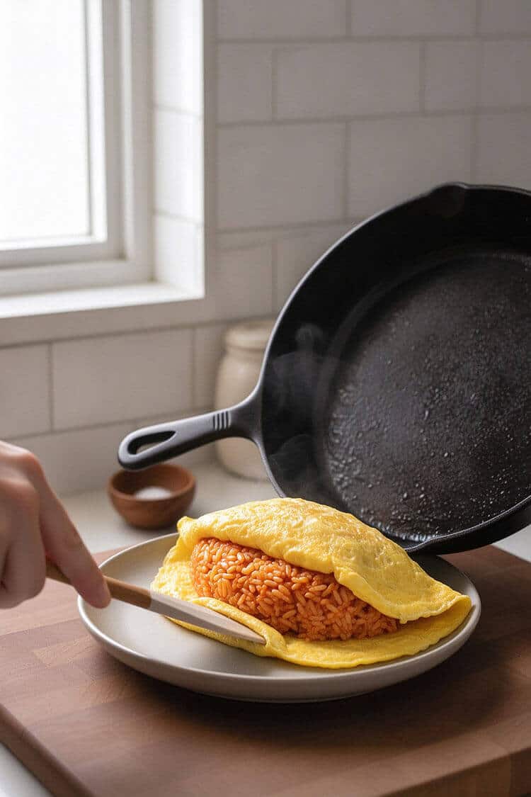 Using a spatula in a tilted black skillet to fold a soft, golden yellow omelette blanket over a mound of warm ketchup fried rice