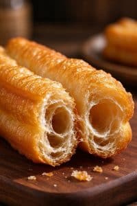 Close up cross section of broken youtiao revealing golden blistered crust and large airy webbed interior crumb.