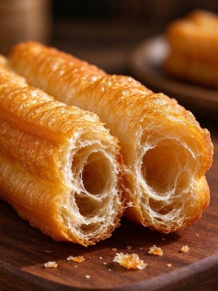Close up cross section of broken youtiao revealing golden blistered crust and large airy webbed interior crumb.